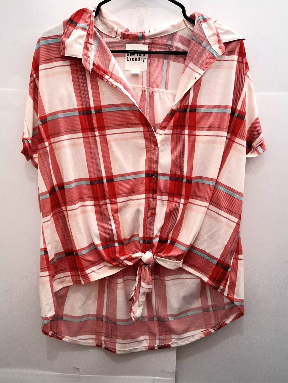 New York Laundry White and Red Plaid Button-Front Shirt Size XL